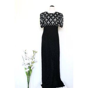 Vintage Laurence Kazar 100% Silk Black Beaded Sequin Dress Gown Black SZ L